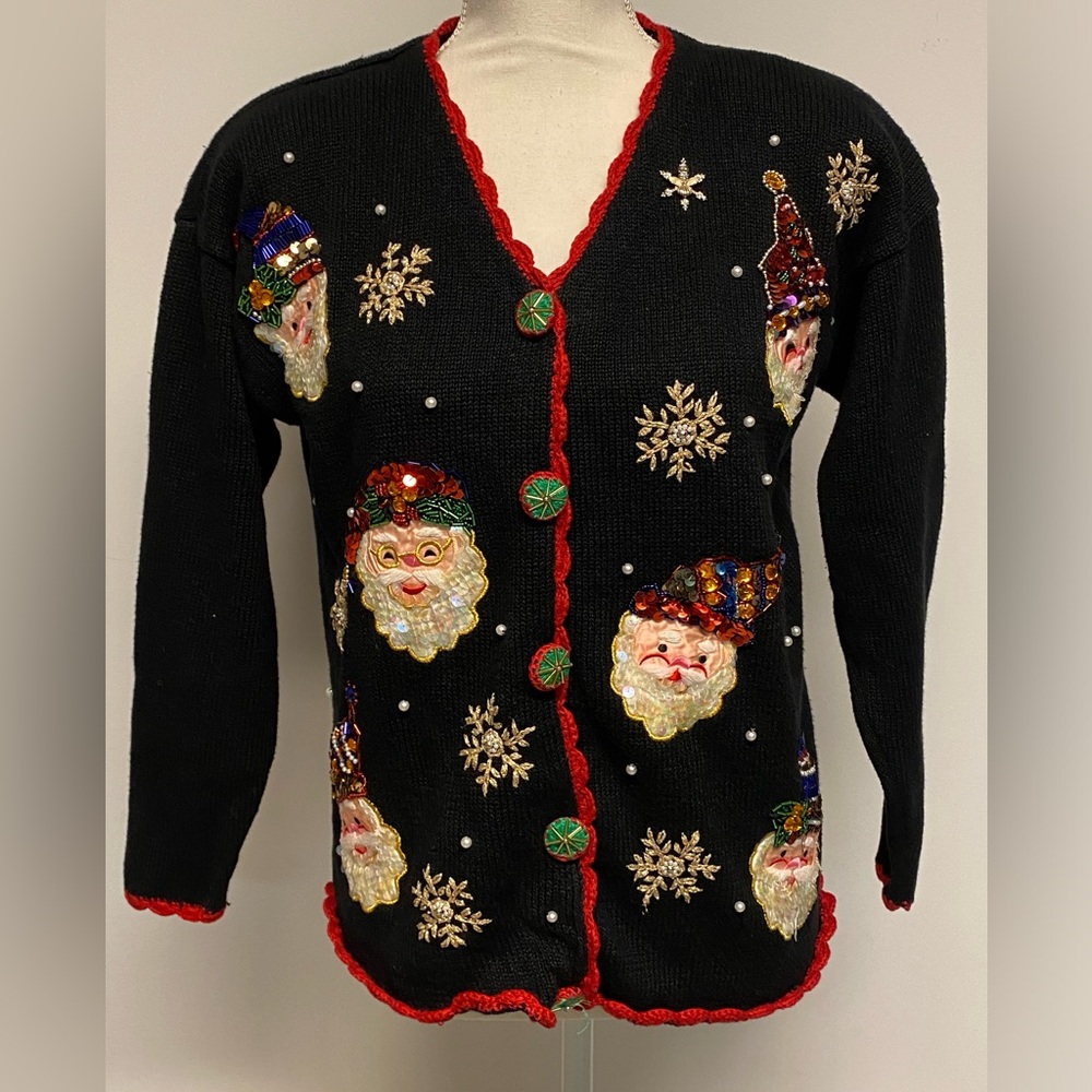 Alexa Grace Bejeweled Vintage Santa Cardigan Sweater Size Medium